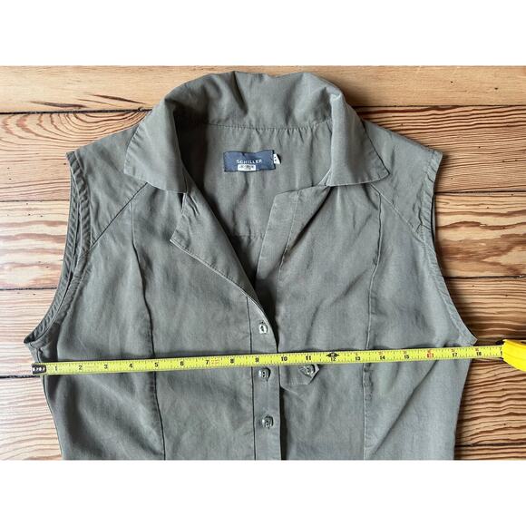 Schiller Collared V Neck Button Front Sleeveless Sage Green Short Shirt Dress - Picture 5 of 10